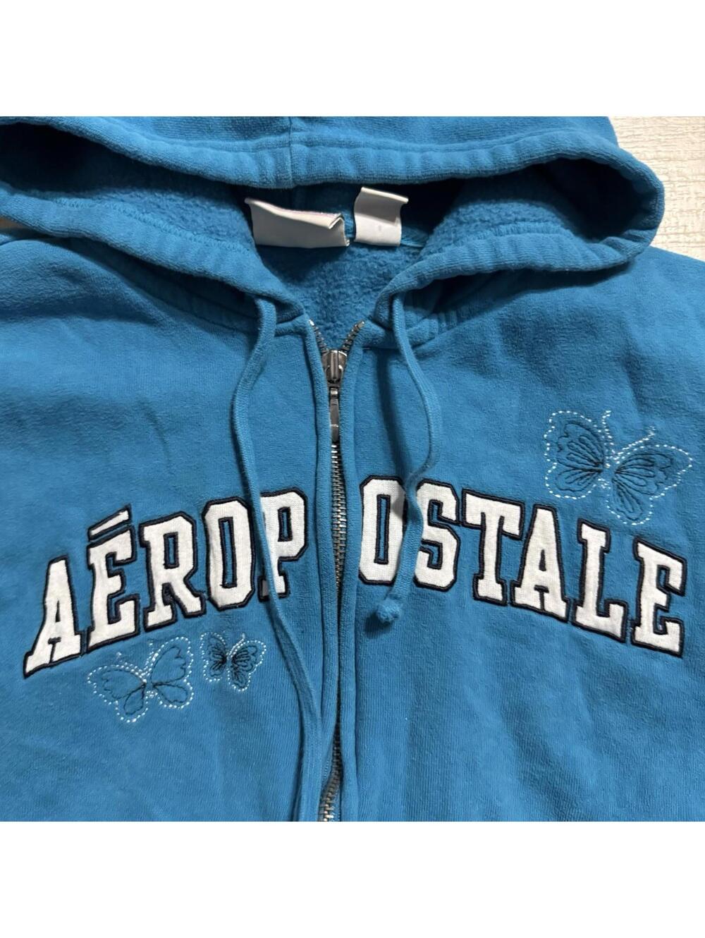 Y2K Aeropostale Rare Embroidered Butterfly Cropped Hoodie Jacket Blue Women L - Picture 5 of 10